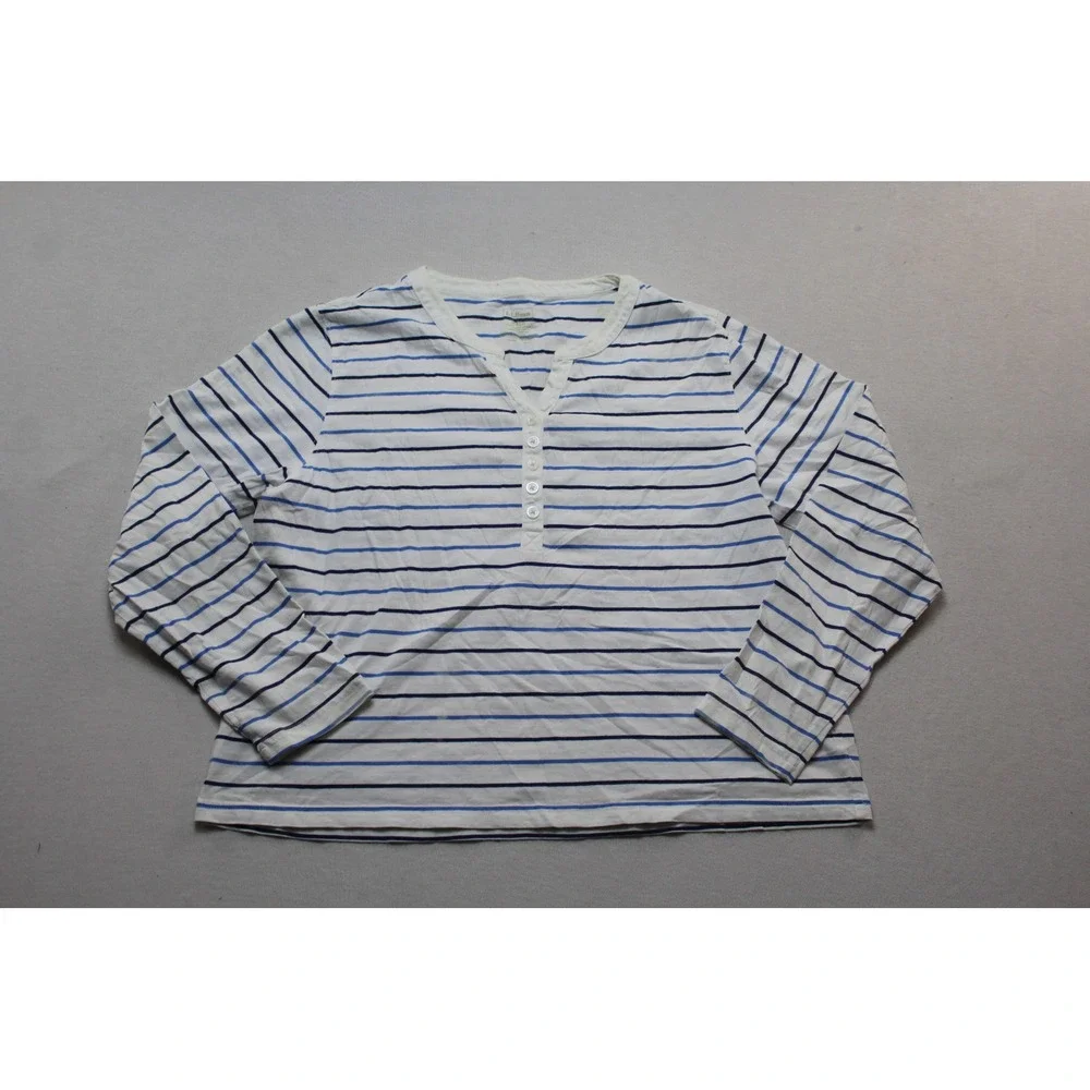 LL Bean Henley Top Womens Medium Blue White Excellent Striped Long Sleeve Cotton